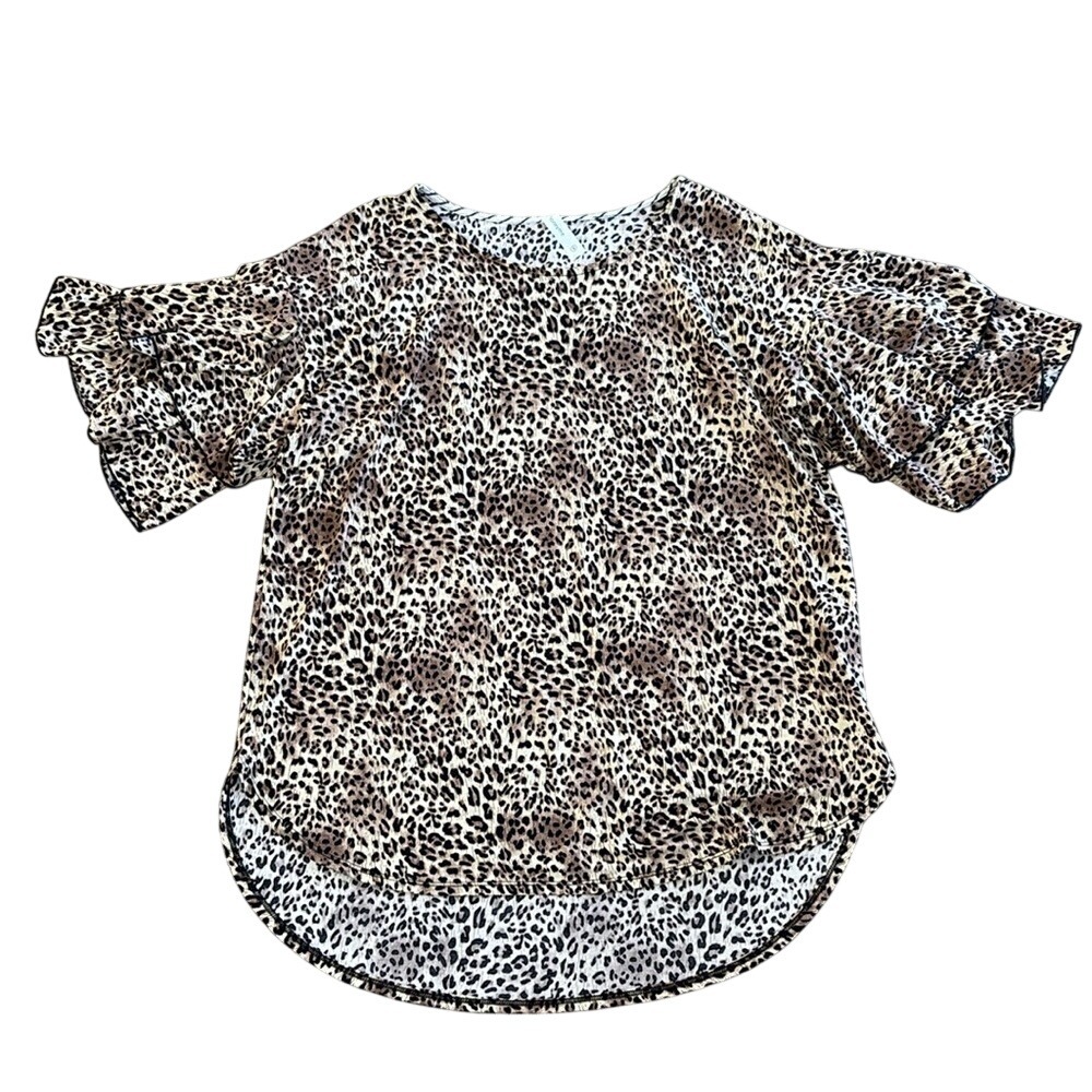 Honey Me Women's Size Small Blouse Top Brown Polyester Ruffle Leopard Stretch
